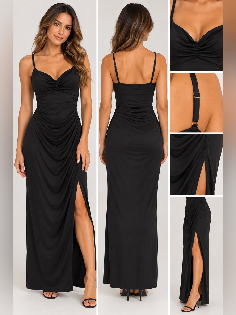 Women’s Black Ruched Maxi Dress with Adjustable Straps